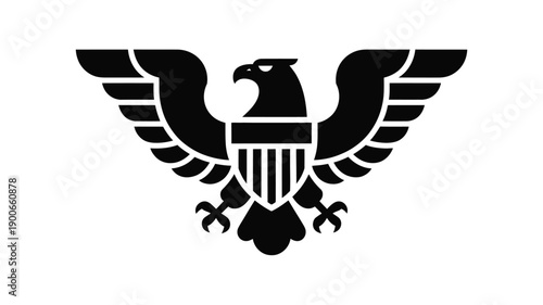Black vector illustration of a bald eagle with shield and arrows on white background symbolizing american strength and freedom