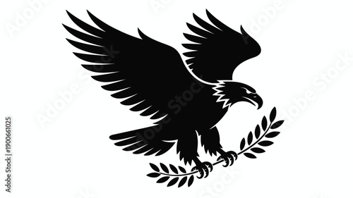Black silhouette of an eagle with outstretched wings holding a laurel branch on white background symbolizing victory and freedom