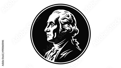 George washington side profile silhouette illustration on black background with white outline