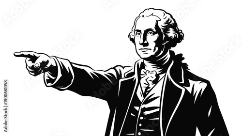 George washington pointing forward in a black and white silhouette illustration with a serious expression and a classic suit