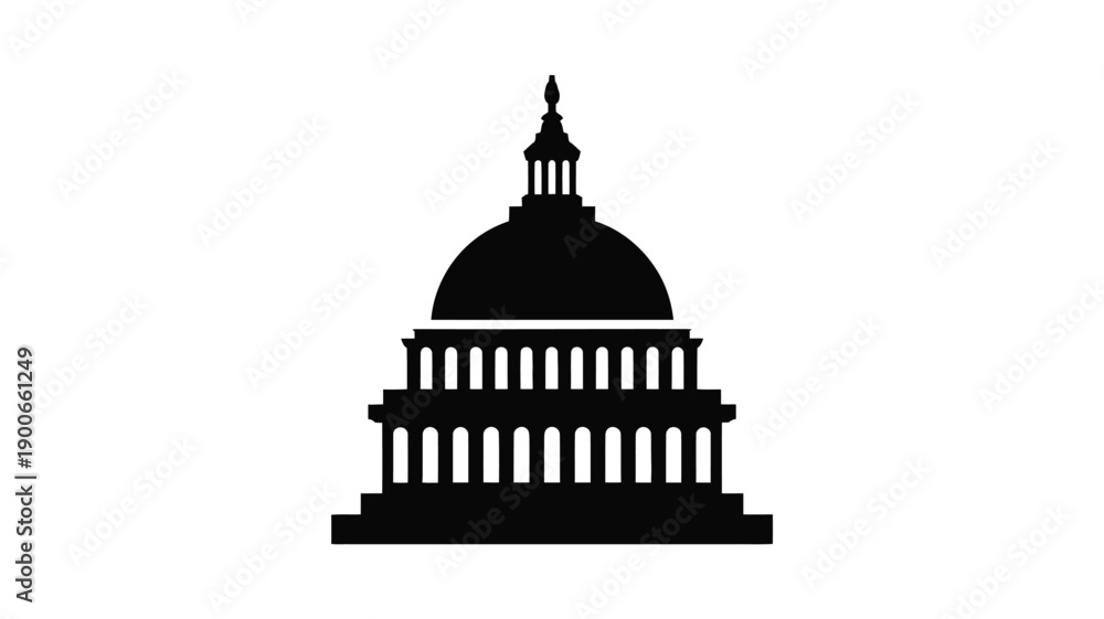 Obraz premium Black silhouette of a domed government building with columns on a white background symbolizing politics and architecture