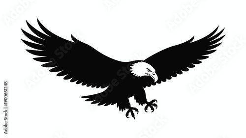 Black silhouette of a flying eagle with outstretched wings on a white background symbolizing freedom and strength