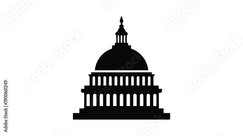 Black silhouette of a domed government building with columns on a white background symbolizing politics and architecture