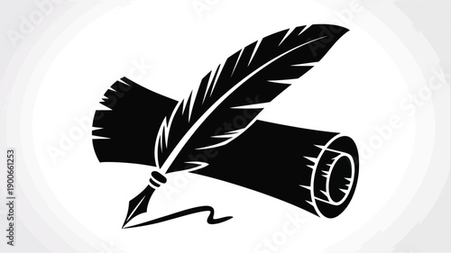 Vector silhouette illustration of a feather quill pen and scroll on white background symbolizing writing literature and creativity
