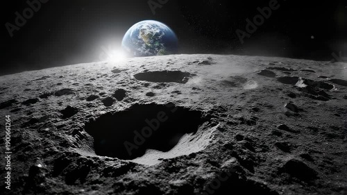 Stunning View of Earth Rising Over Lunar Cratered Surface.