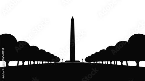 Silhouette of washington monument at dusk with trees on either side iconic landmark in black against white background symbol of american history and culture famous tourist