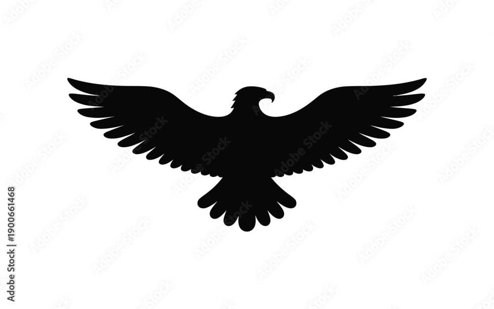 Fototapeta premium Black silhouette of an eagle with wings spread wide on white background symbolizing freedom and power