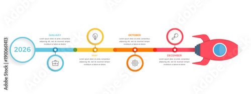 Timeline infographic template with four stages and rocket illustration