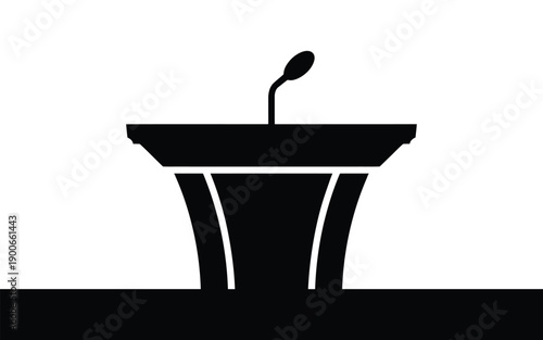 Simple black vector illustration of a podium or lectern with a microphone symbolizing public speaking presentation or conference against a clean white background