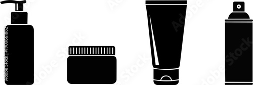 Black silhouette icons of skincare products on white background