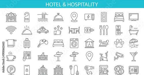 Hotel and hospitality line icons set featuring accommodation services travel amenities room facilities tourism symbols for modern infographic user interface and mobile app design