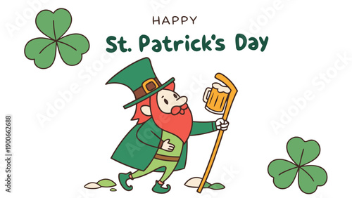 Cartoon leprechaun with beer and shamrocks St. Patrick's Day