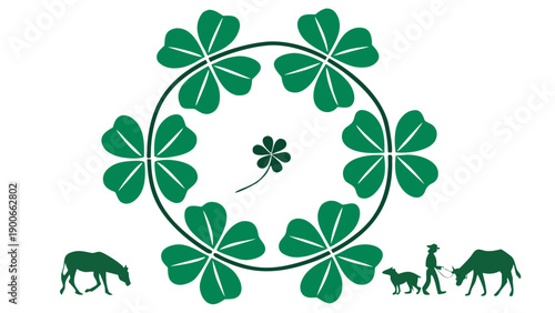 Green clover circle with farm animals white background