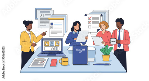Diverse business team reviewing documents and welcome kit in office
