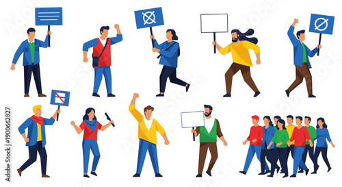 Diverse group of people protesting with signs and raised fists