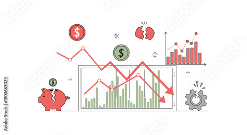 Financial crisis with broken piggy bank and downward trend graph