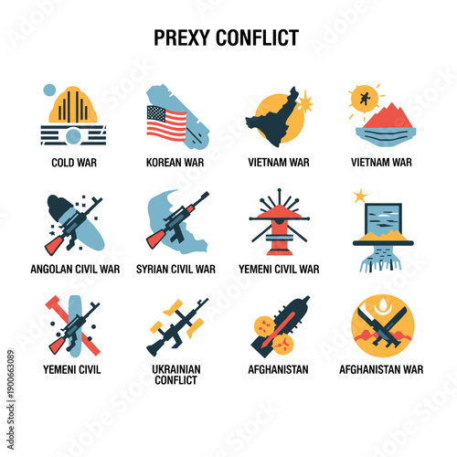 Flat icons representing global proxy conflicts and historical wars