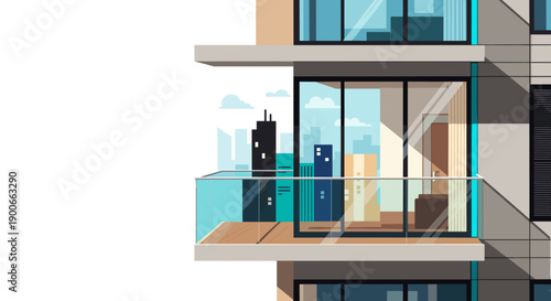Modern city apartment balcony with skyline view illustration