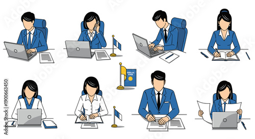 Set of diverse business people working on laptops and documents