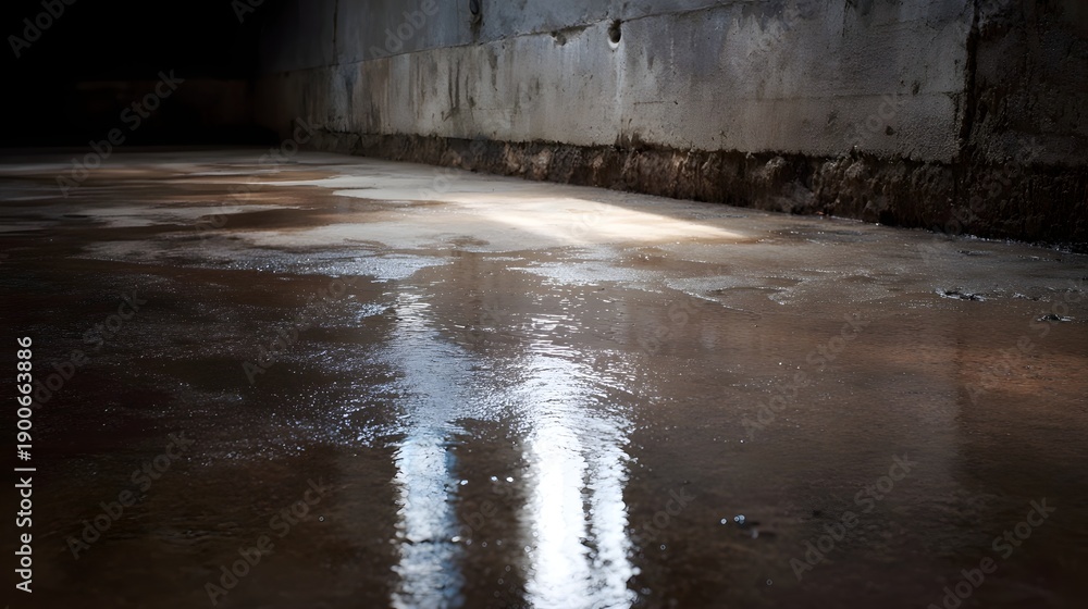 Fototapeta premium A wet concrete floor in a dimly lit foundation with reflective puddles of water