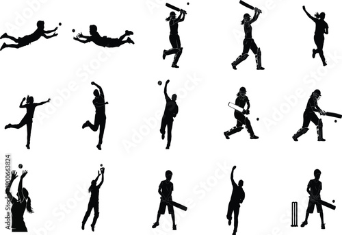 Collection of dynamic human silhouettes in various athletic poses and movements