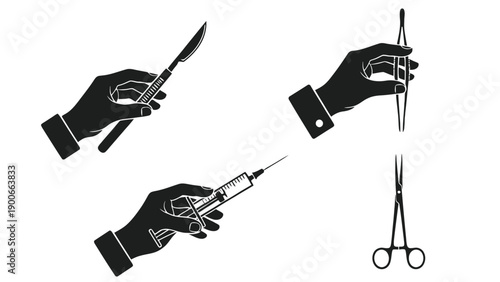 Surgical Hands and Instruments Icon Set Representing Operating Room Technique Sterile Procedure and Clinical Tools Illustration