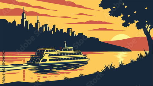 City Ferry at Sunset Vector Illustration with Urban Skyline
