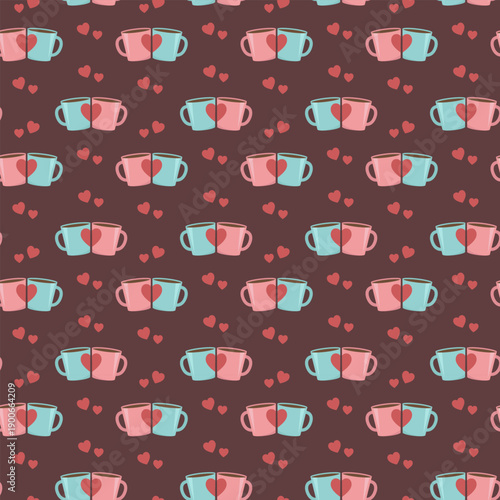 Vector illustration of a seamless pattern of coffee cups with hearts on a red background