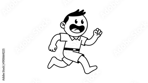 Funny runner vector illustration of happy cartoon boy character jogging. Cute young kid athlete wearing shirt and shorts running fast. Cheerful child sport mascot design.