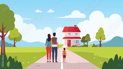 Family watching new house with nature