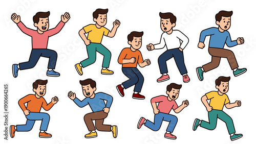 Funny runner vector mascot collection featuring a man in colorful shirts running, jogging, and posing happily for marathon and fitness concepts.