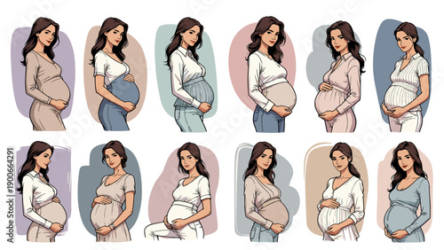 Pregnant woman vector illustration featuring a side profile view of a mother to be holding her belly, isolated on white background, maternity and pregnancy health concept art for design.