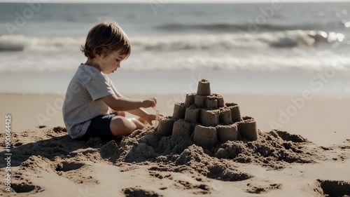 Young boy building a sandcastle on a sunny beach with ocean waves in the background.