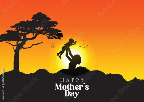 Silhouette of mother and child on horseback at sunset