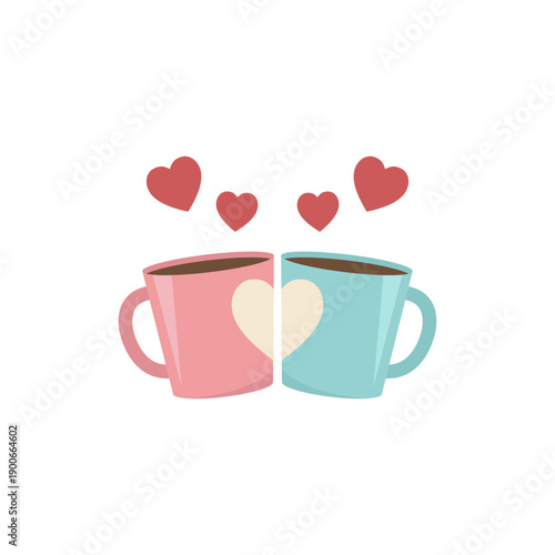 Two coffee cups with heart shapes isolated on a white background. Vector illustration.
