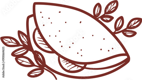 A minimalist black line icon of a folded omelette with leafy garnish on a white background for food and culinary themes