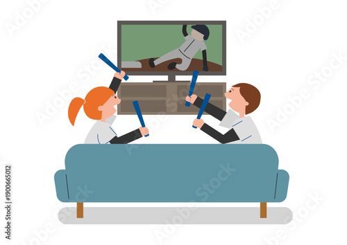 テレビで野球観戦する男女のイラスト