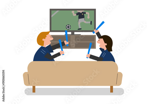 テレビでサッカーを見る男女のイラスト