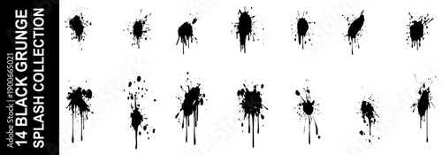 Vector illustration. Set of simple black sloppy Blots Isolated on white background. Hand drawn Splat of Ink. Grungy Effect.