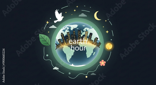 Earth hour illustration with cityscape dove and eco friendly symbols on a dark background