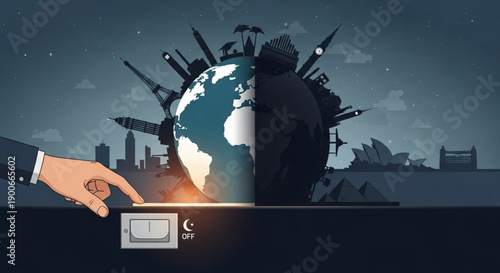 Businessman switching light on global sustainable cityscape with eco friendly technology and transportation