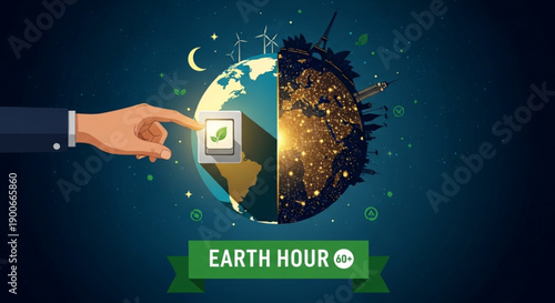 Hand flipping light switch on globe earth hour eco friendly save planet energy conservation
