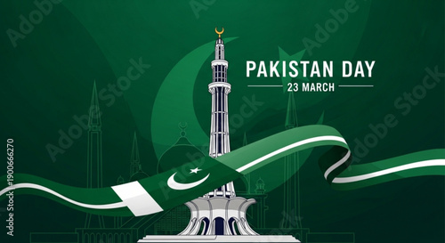 Pakistan day celebration with flag and minar e pakistan monument on green background