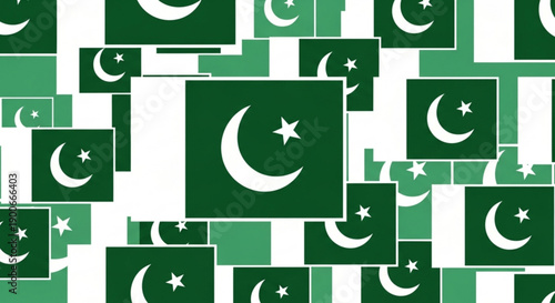Collage of pakistani flags in various sizes on white background symbolizing national pride and patriotism with green and white colors