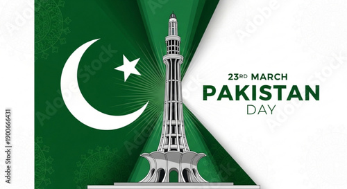 Pakistan day celebration with minar e pakistan monument and national flag on 23rd march