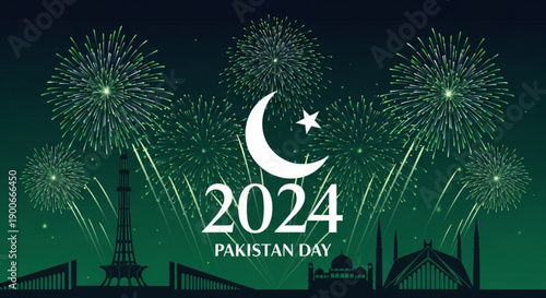 Pakistan day 2024 celebration with fireworks and flag symbols on green background