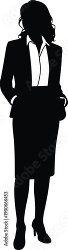 Elegant business woman silhouette wearing formal suit and pencil skirt standing in professional pose isolated on white background for corporate design