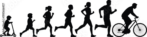Evolution Silhouette of People Running and Cycling from Childhood to Adulthood Featuring Kids on Scooter and Adults on Bicycle Isolated