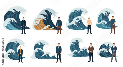 Diverse men facing big ocean waves conceptual illustration set