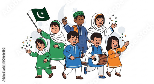 Diverse group of children celebrating with pakistani flag traditional clothing and festive atmosphere